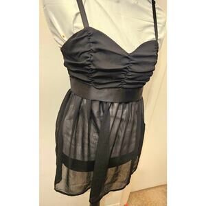 Guess Jeans Black Chiffon Babydoll Sheer Top Ruched Bodice Tie Back Sz Med Y2K